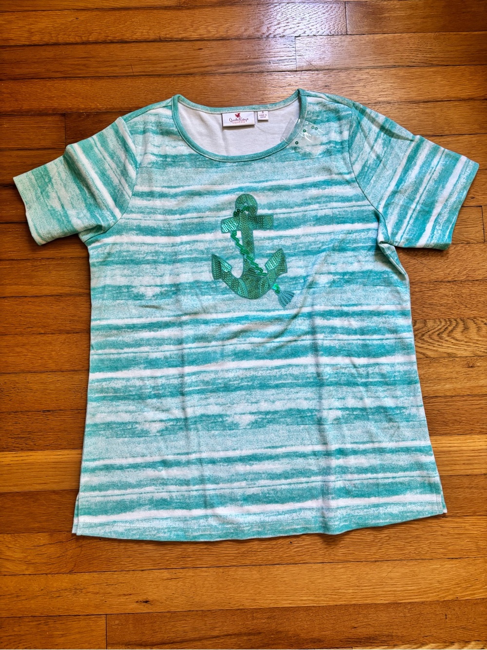 Seaside Stripe Anchor Tee - Watercolor Aqua & Sequins